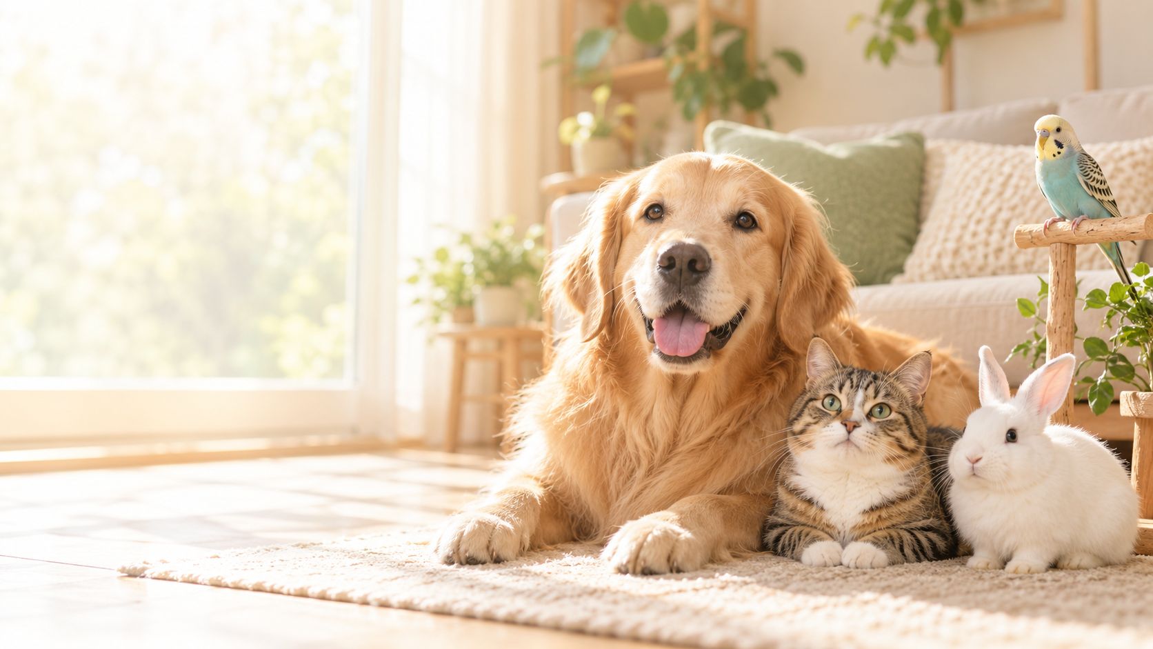 ゴールデンレトリバー、猫、うさぎ、インコがくつろぐリビング